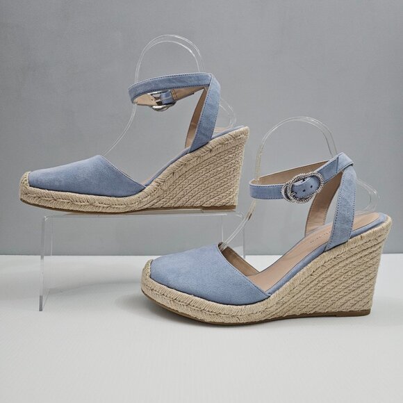 Stuart Weitzman Crystal Buckle Wedge Womens 10 Cornflower Blue Suede Espadrille - Picture 2 of 16